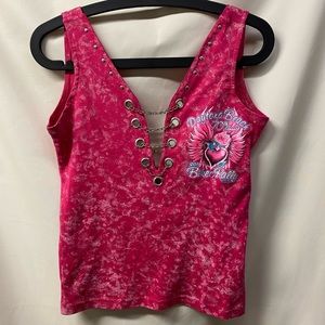 Harley Davidson Hot Pink with white design + grommets, chains & studs. Daytona